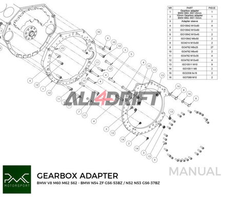 PMC adapter BMW V8 motorhoz M60 M62 S62 és sebességváltóhoz BMW M50 M52 M54 M57 S50 S52 S54 M2 M3 M4 DCT DKG GS7D36SG R6 N54 GS6-53BZ N52 N53 GS6-37BZ