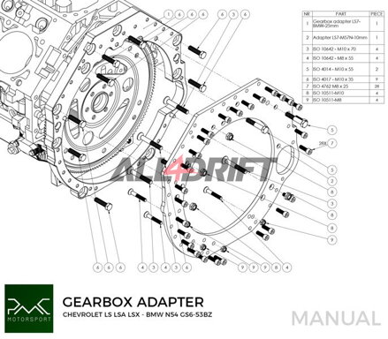 PMC adapter GM Chevrolet LS V8 LS1 LS3 LS7 LSA LSX motorhoz és BMW M57N / M57N2 GS6-53DZ / N54 GS6-53BZ / N52 N53 GS6-37BZ sebességváltókhoz