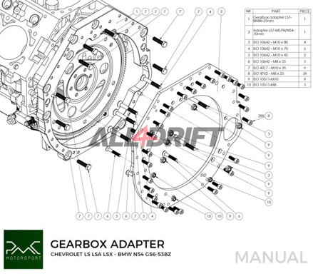 PMC adapter GM Chevrolet LS V8 LS1 LS3 LS7 LSA LSX motorhoz és BMW M57N / M57N2 GS6-53DZ / N54 GS6-53BZ / N52 N53 GS6-37BZ sebességváltókhoz