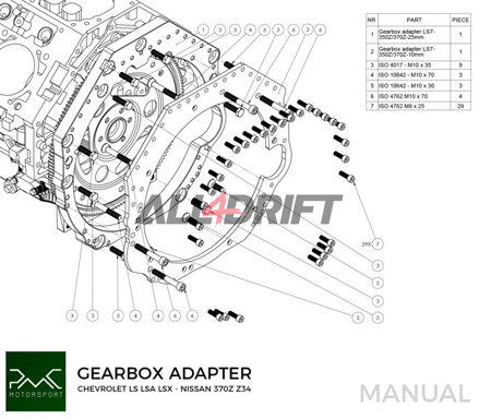  PMC adapter GM Chevrolet LS V8 LS1 LS3 LS7 LSA LSX motorhoz és Nissan 350Z Z33 370Z Z34 sebességváltókhoz
