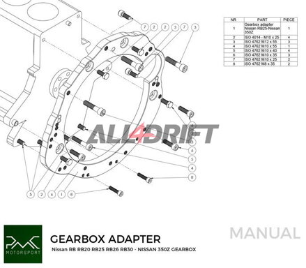 PMC adapter Nissan RB RB20 RB25 RB26 RB30 motorhoz és Nissan 350Z Z33 370Z Z34 sebességváltókhoz