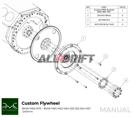 Könnyű, egytömegű lendkerék BMW M60 M70 - BMW M50 S50 M52 S52 M54 S54 M57 - 240MM / 9,45"
